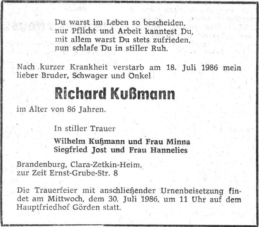 Richard Kußmann Todesanzeige
